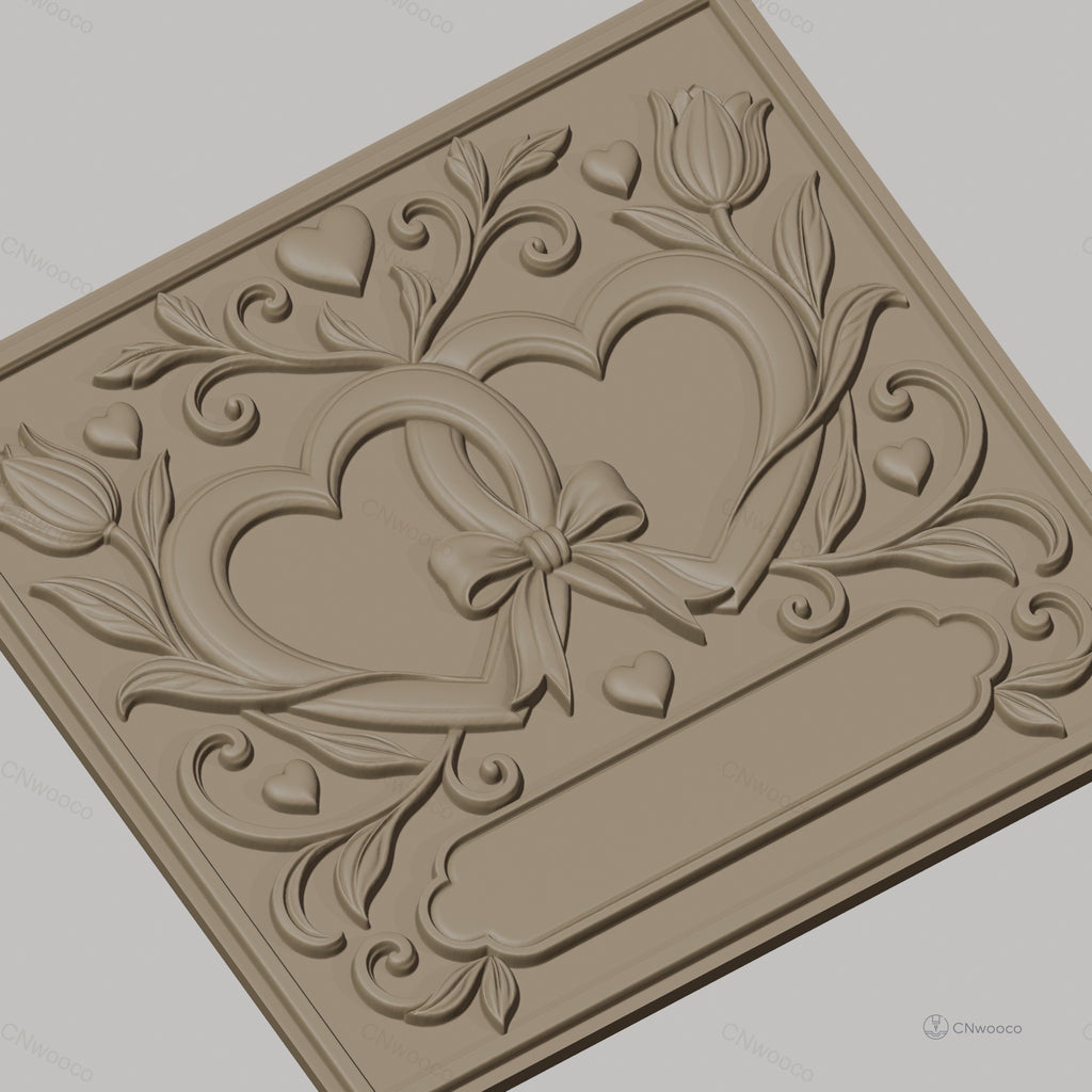 Fichier CNC & impression 3D mariage, cœurs entrelacés avec fleurs et nœud, haute qualité relief STL