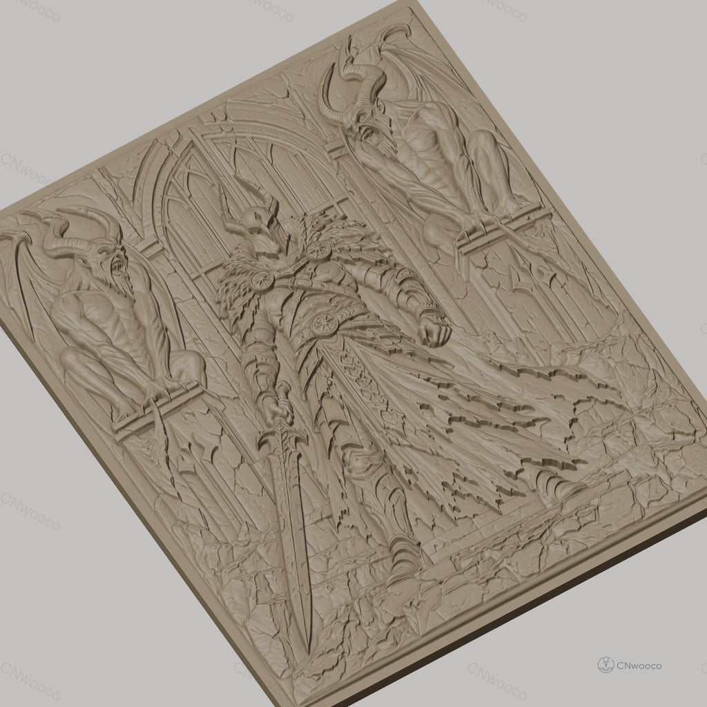 Fichier CNC & impression 3D guerrier médiéval avec épée et gargouilles, haute qualité relief STL