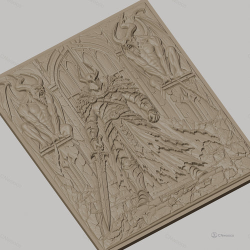 Fichier CNC & impression 3D guerrier médiéval avec épée et gargouilles, haute qualité relief STL