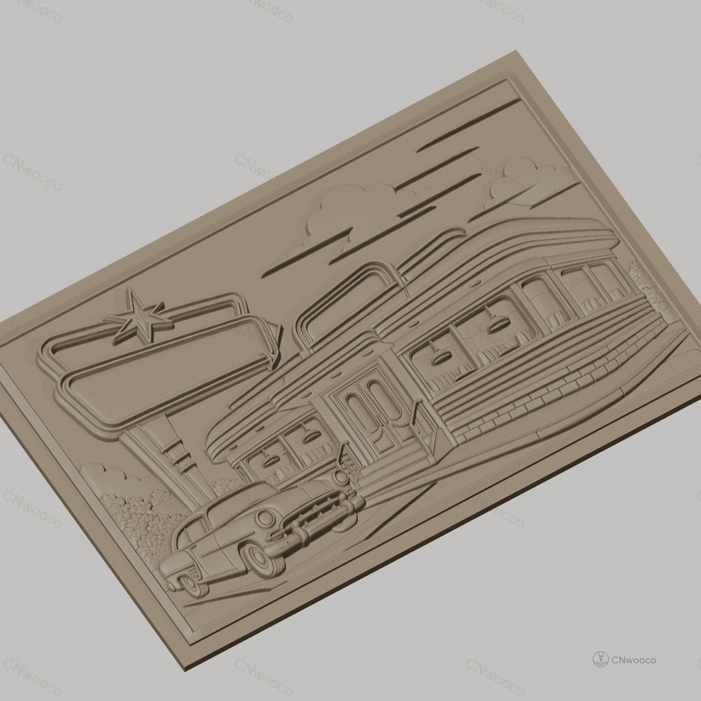 Fichier CNC & impression 3D Diner américain rétro, voiture vintage et enseigne, haute qualité relief STL