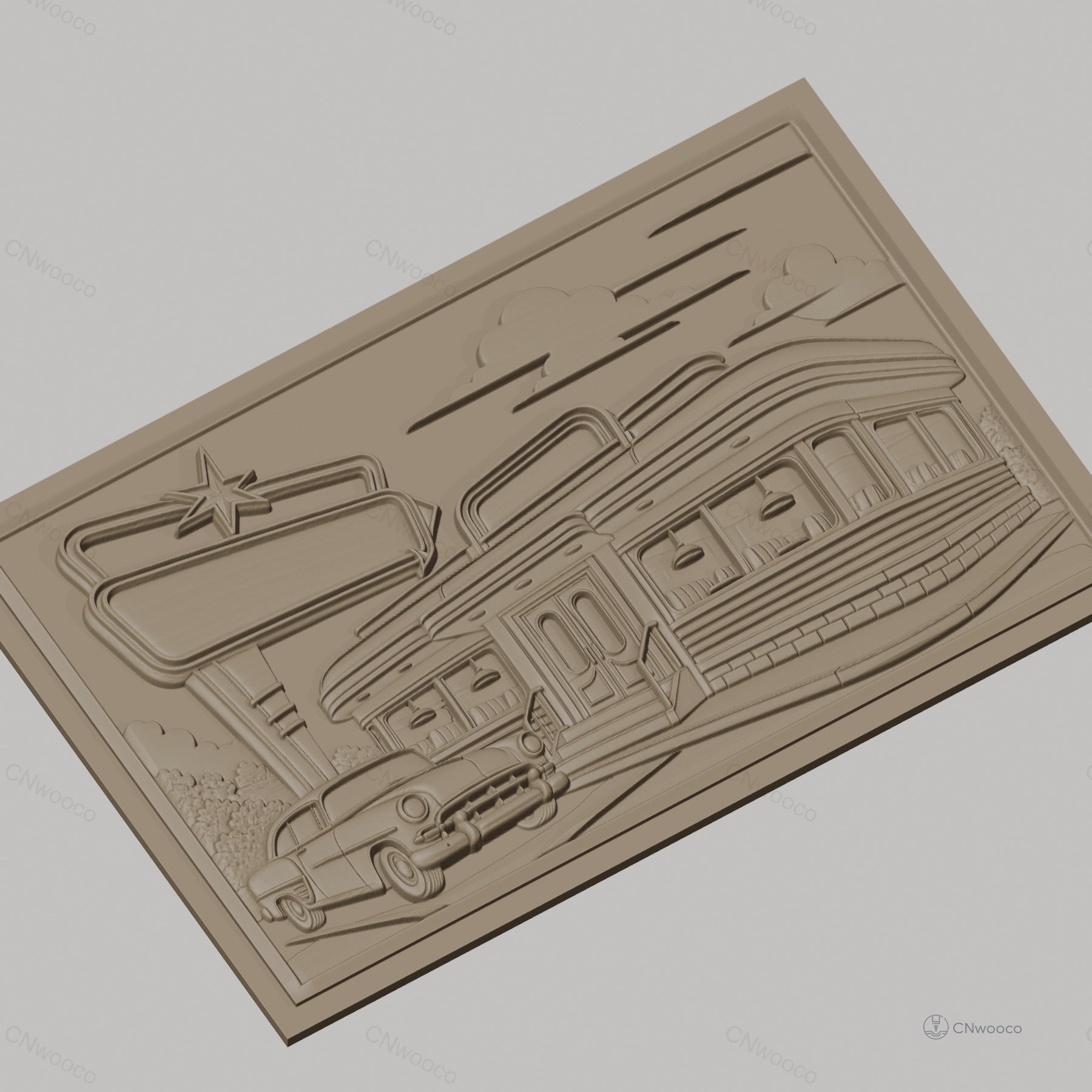 Fichier CNC & impression 3D Diner américain rétro, voiture vintage et enseigne, haute qualité relief STL