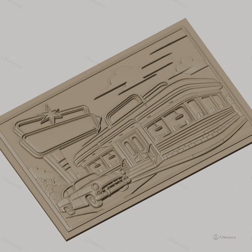 Fichier CNC & impression 3D Diner américain rétro, voiture vintage et enseigne, haute qualité relief STL