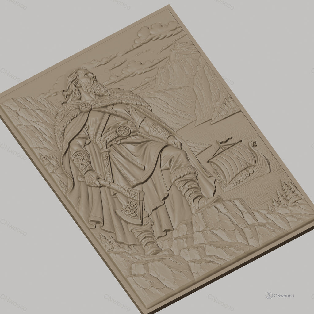 Fichier CNC & impression 3D Viking guerrier avec hache, drakkar et paysage montagneux, haute qualité relief STL