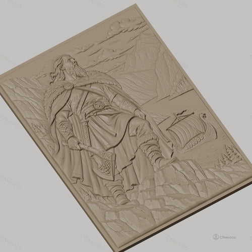 Fichier CNC & impression 3D Viking guerrier avec hache, drakkar et paysage montagneux, haute qualité relief STL