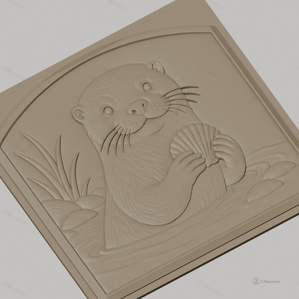 Fichier CNC & impression 3D Loutre tenant une coquille, décor naturel avec eau et rochers, haute qualité relief STL
