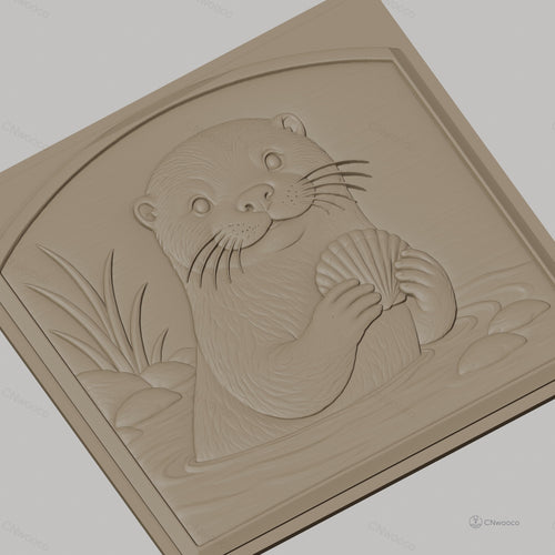 Fichier CNC & impression 3D Loutre tenant une coquille, décor naturel avec eau et rochers, haute qualité relief STL