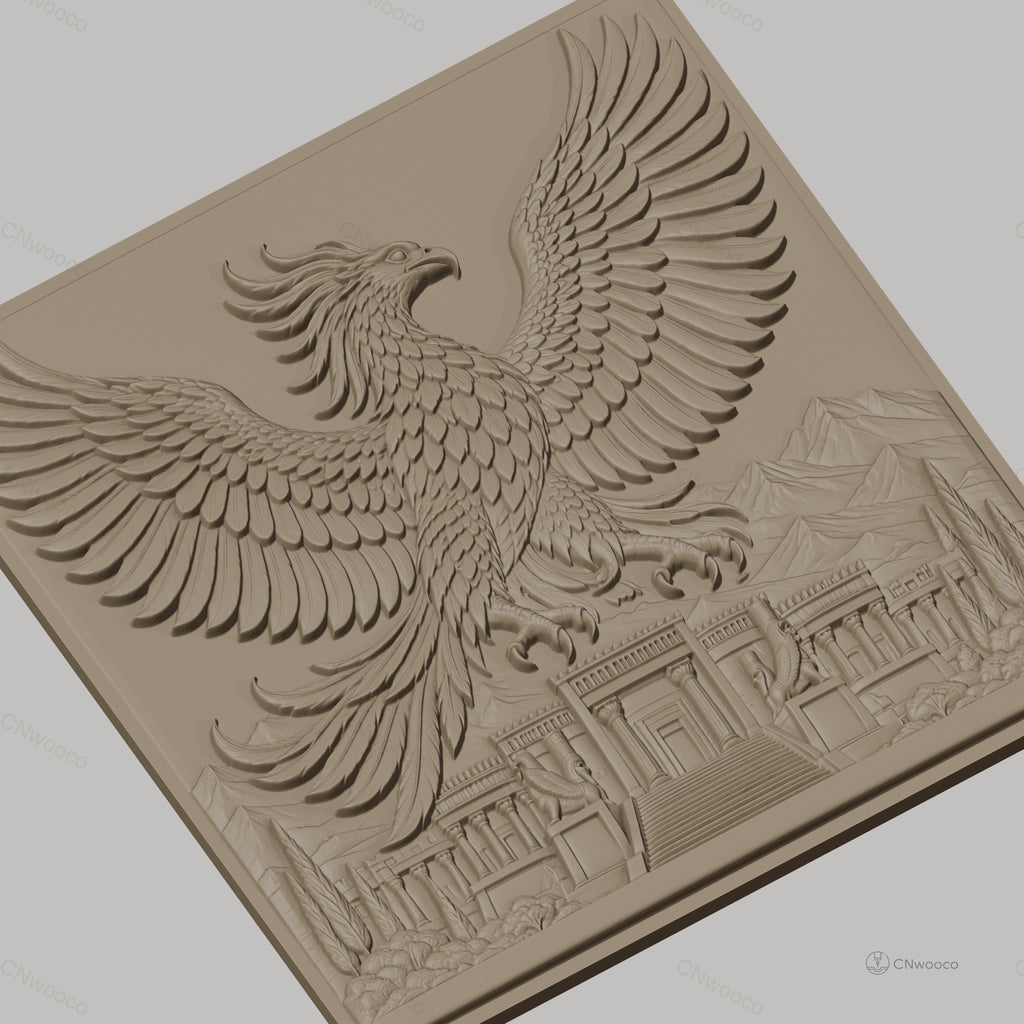 Fichier CNC & impression 3D Phénix mythique, temple ancien avec montagnes et nature, haute qualité relief STL