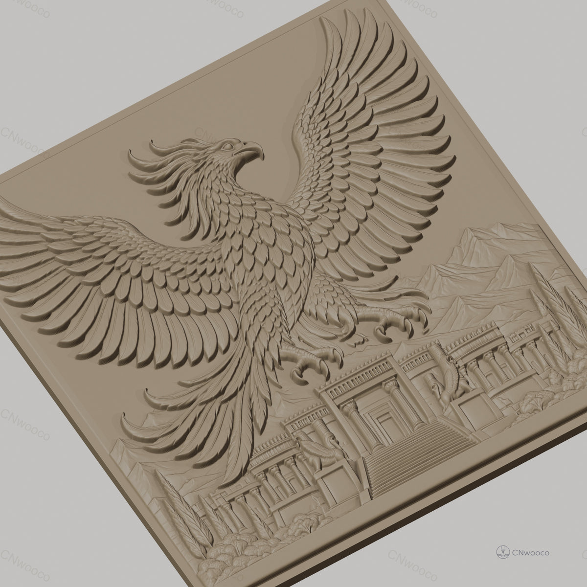 Fichier CNC & impression 3D Phénix mythique, temple ancien avec montagnes et nature, haute qualité relief STL