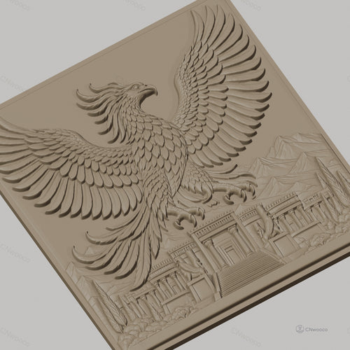 Fichier CNC & impression 3D Phénix mythique, temple ancien avec montagnes et nature, haute qualité relief STL