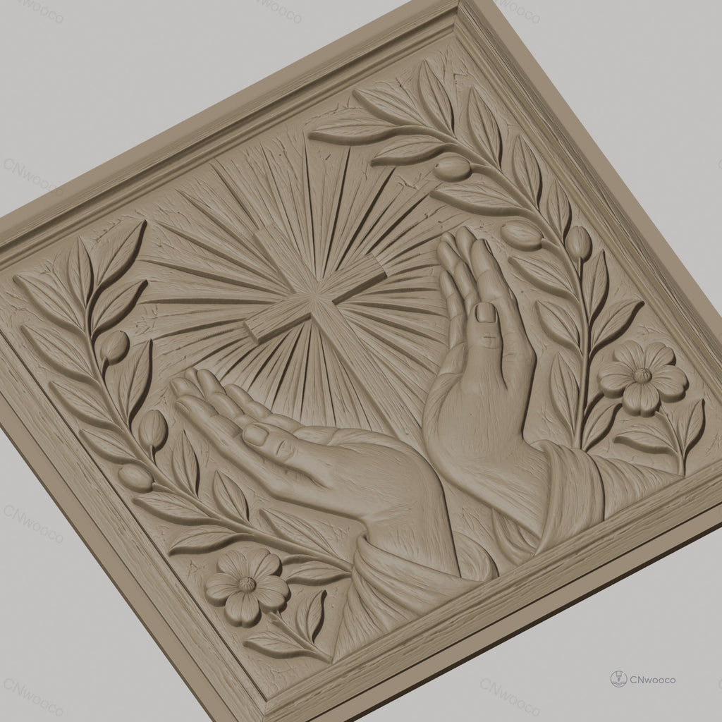 Fichier CNC & impression 3D chrétien, mains en prière, croix et feuillage floral, haute qualité relief STL
