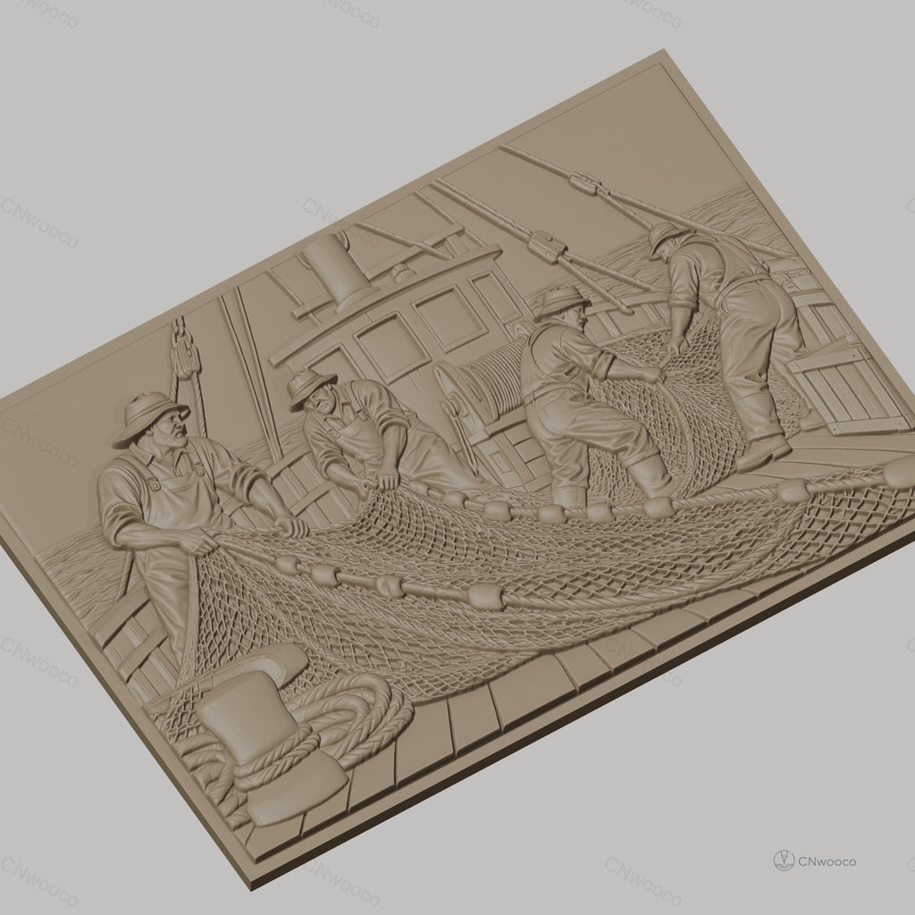 Fichier CNC & impression 3D pêcheurs et filet de pêche sur bateau, scène maritime travail haute qualité relief STL