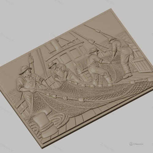 Fichier CNC & impression 3D pêcheurs et filet de pêche sur bateau, scène maritime travail haute qualité relief STL