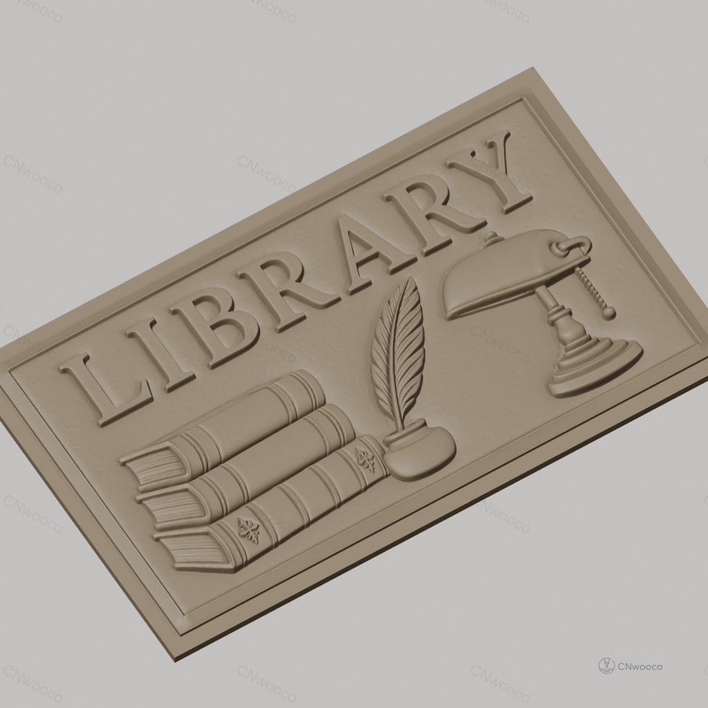Fichier CNC & impression 3D bibliothèque, livres empilés, plume en encrier, lampe vintage, haute qualité relief STL