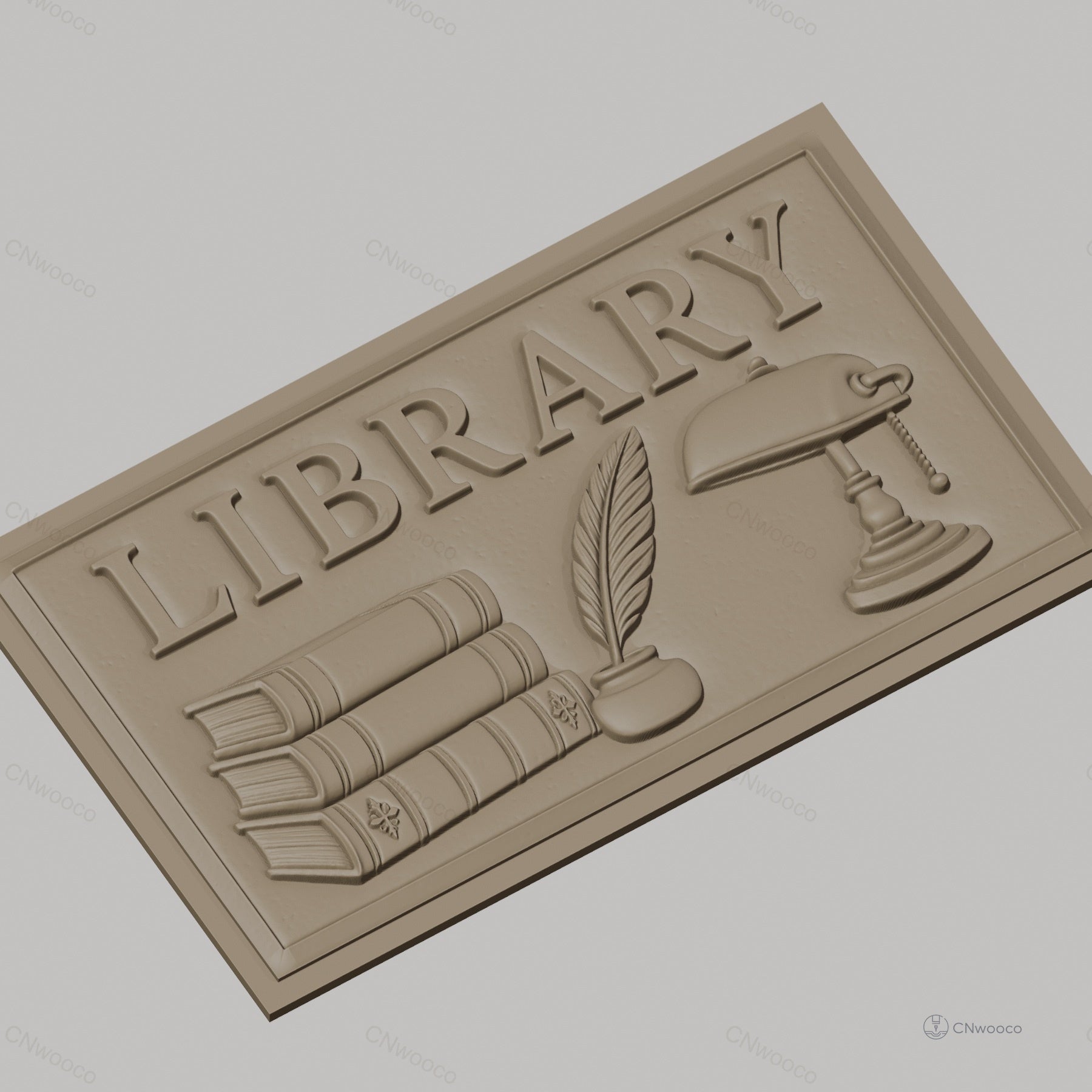 Fichier CNC & impression 3D bibliothèque, livres empilés, plume en encrier, lampe vintage, haute qualité relief STL