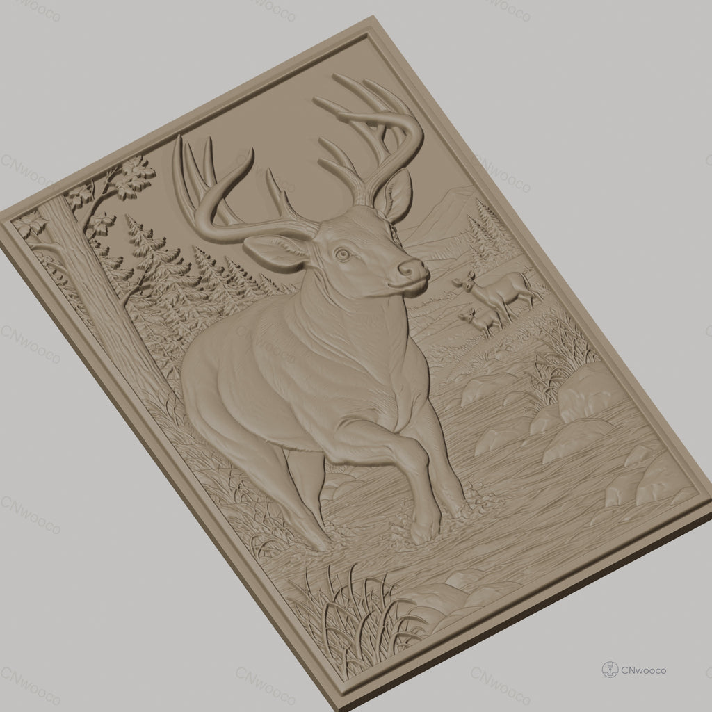 Fichier CNC & impression 3D cerf dans rivière, forêt, paysage montagneux, haute qualité relief STL