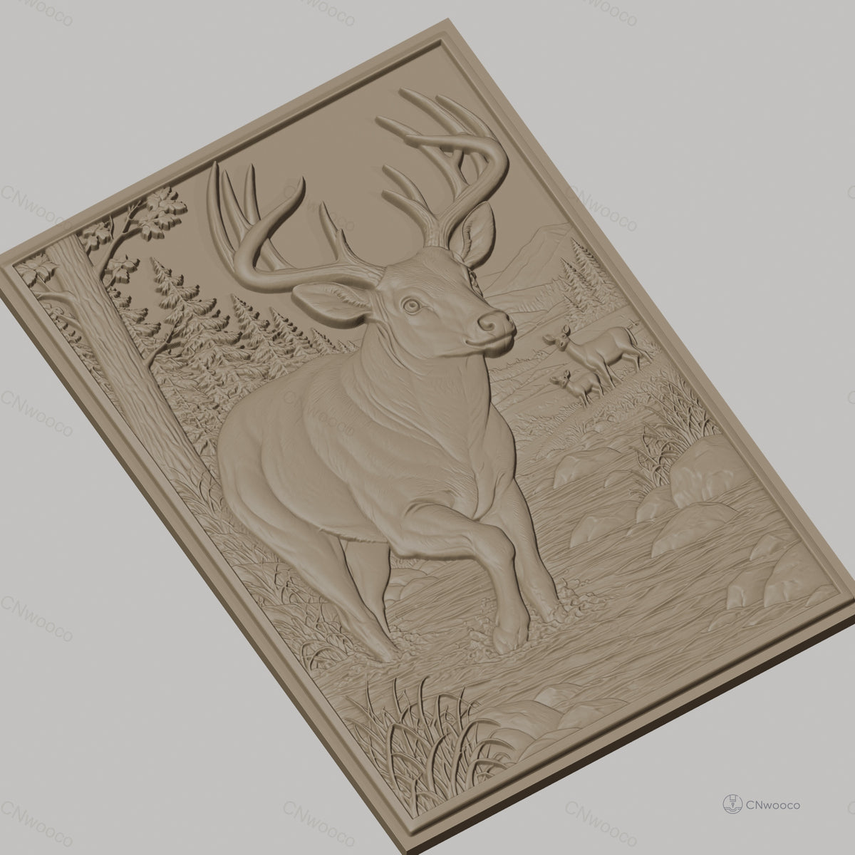 Fichier CNC & impression 3D cerf dans rivière, forêt, paysage montagneux, haute qualité relief STL