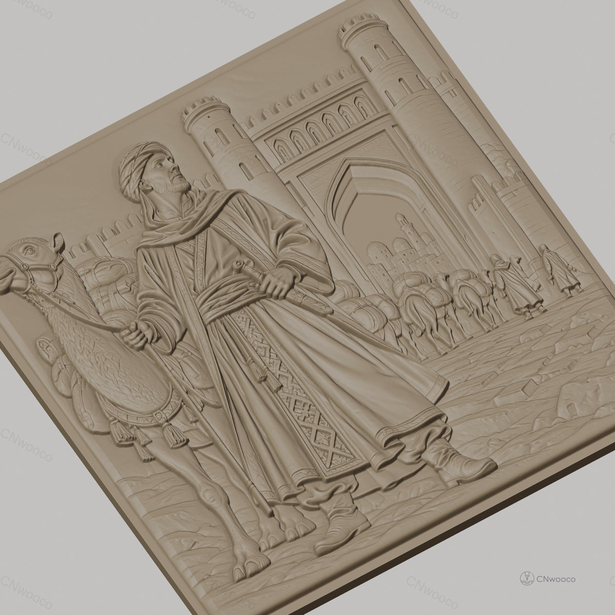 Fichier CNC & impression 3D caravane de dromadaires et voyageur oriental, porte fortifiée, haute qualité relief STL