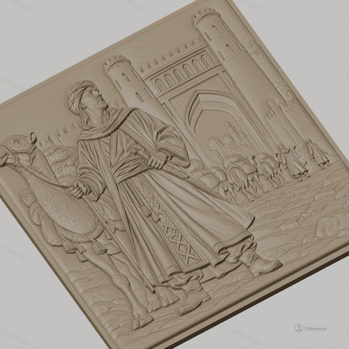 Fichier CNC & impression 3D caravane de dromadaires et voyageur oriental, porte fortifiée, haute qualité relief STL