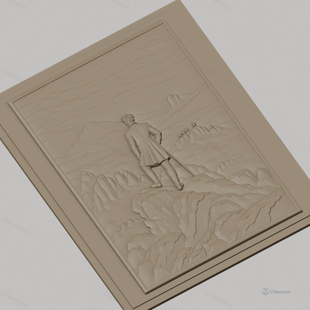 Fichier CNC & impression 3D homme en veste sur sommet de montagne, paysage de rochers et vallées, haute qualité relief STL