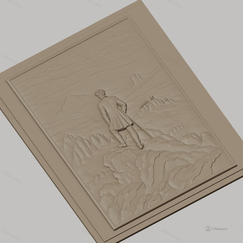 Fichier CNC & impression 3D homme en veste sur sommet de montagne, paysage de rochers et vallées, haute qualité relief STL