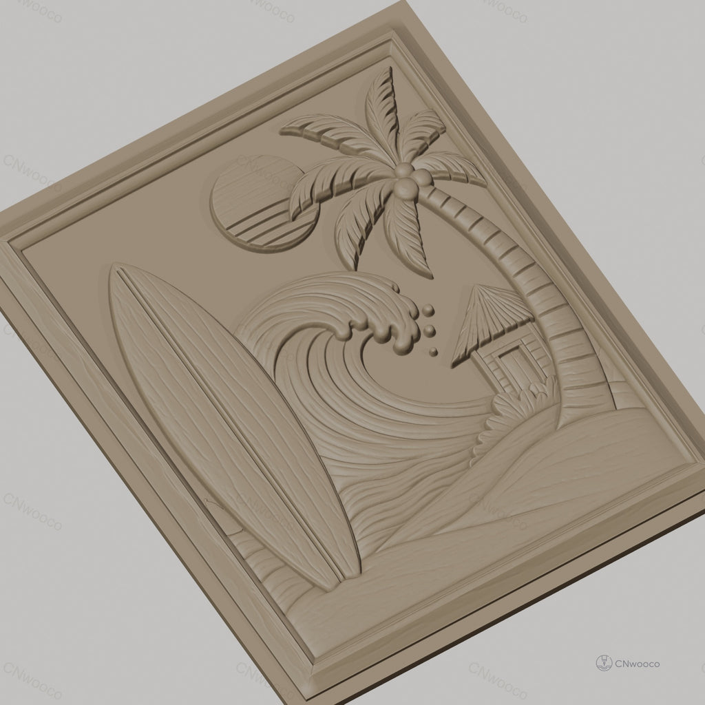 Fichier CNC & impression 3D thème plage, surf, palmier, vague et cabane, haute qualité relief STL