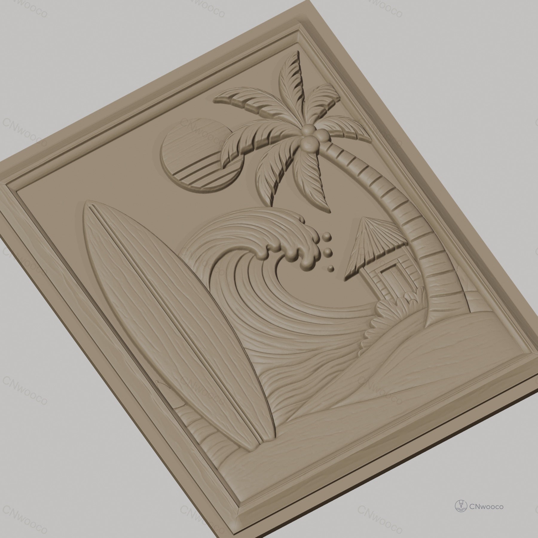 Fichier CNC & impression 3D thème plage, surf, palmier, vague et cabane, haute qualité relief STL