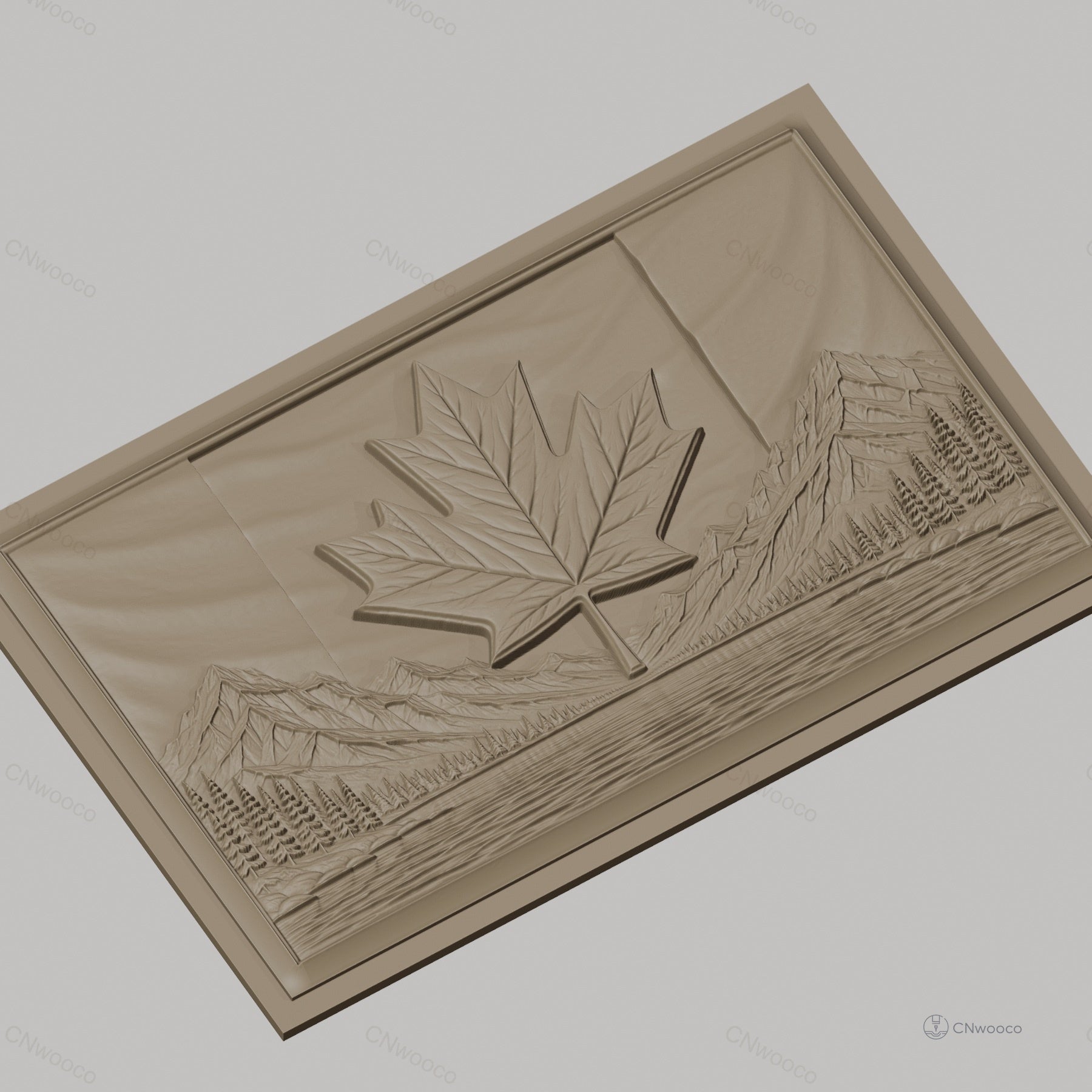 Fichier CNC & impression 3D drapeau canadien, feuille d'érable, montagnes, rivière, pins boisée, haute qualité relief STL
