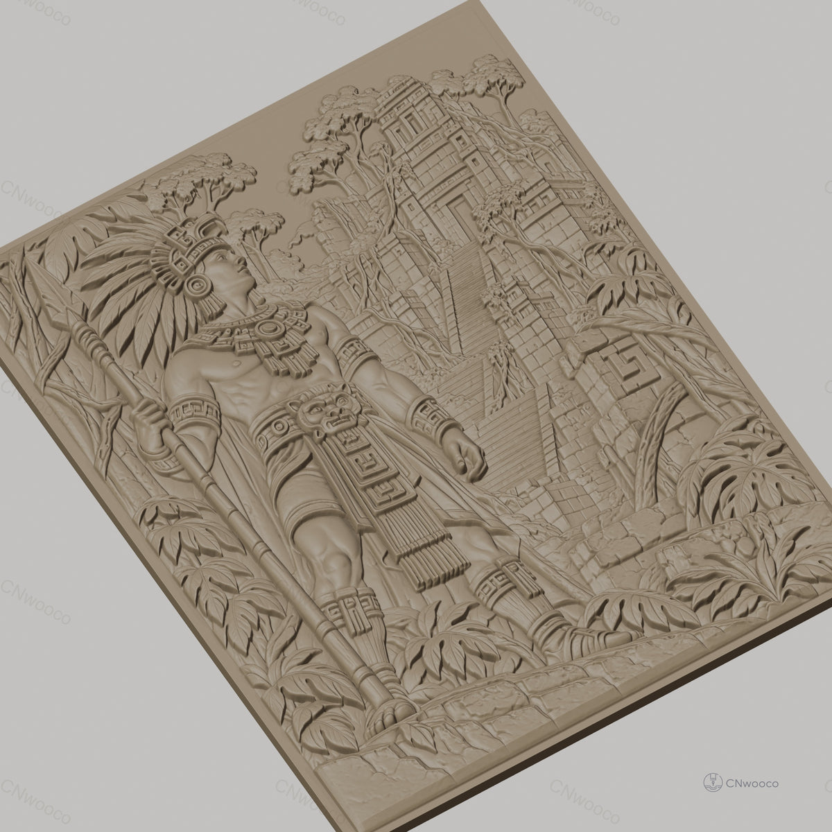 Fichier CNC & impression 3D guerrier amérindien, temple maya et végétation, haute qualité relief STL