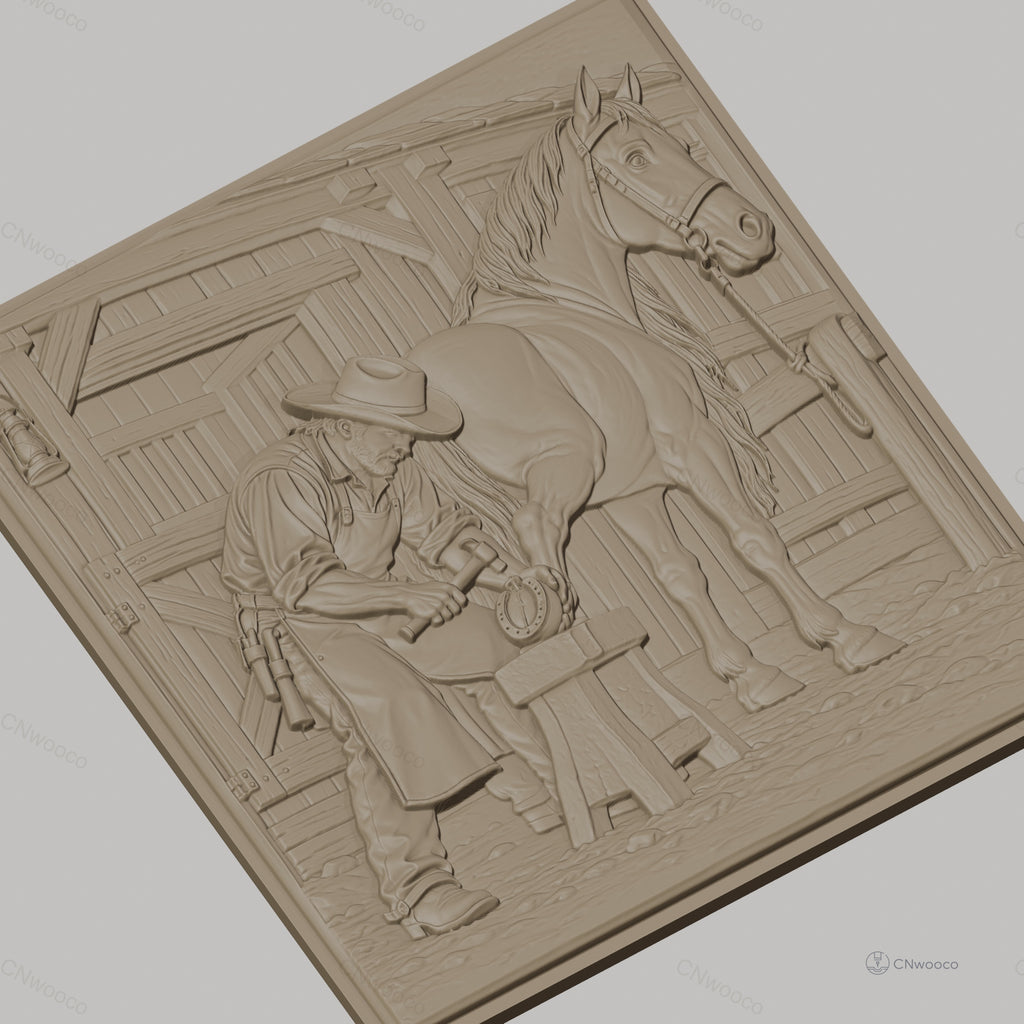 Fichier CNC & impression 3D maréchal-ferrant et cheval, travail du fer à cheval, haute qualité relief STL