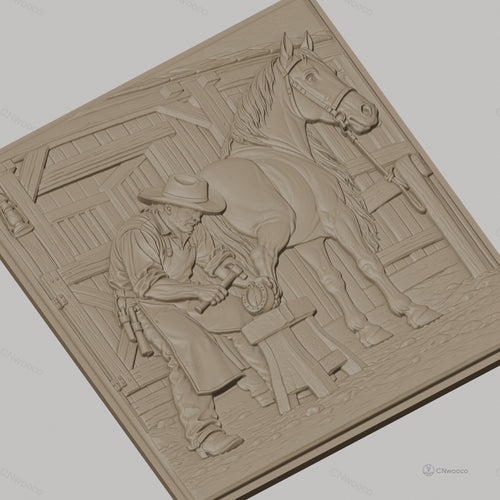 Fichier CNC & impression 3D maréchal-ferrant et cheval, travail du fer à cheval, haute qualité relief STL