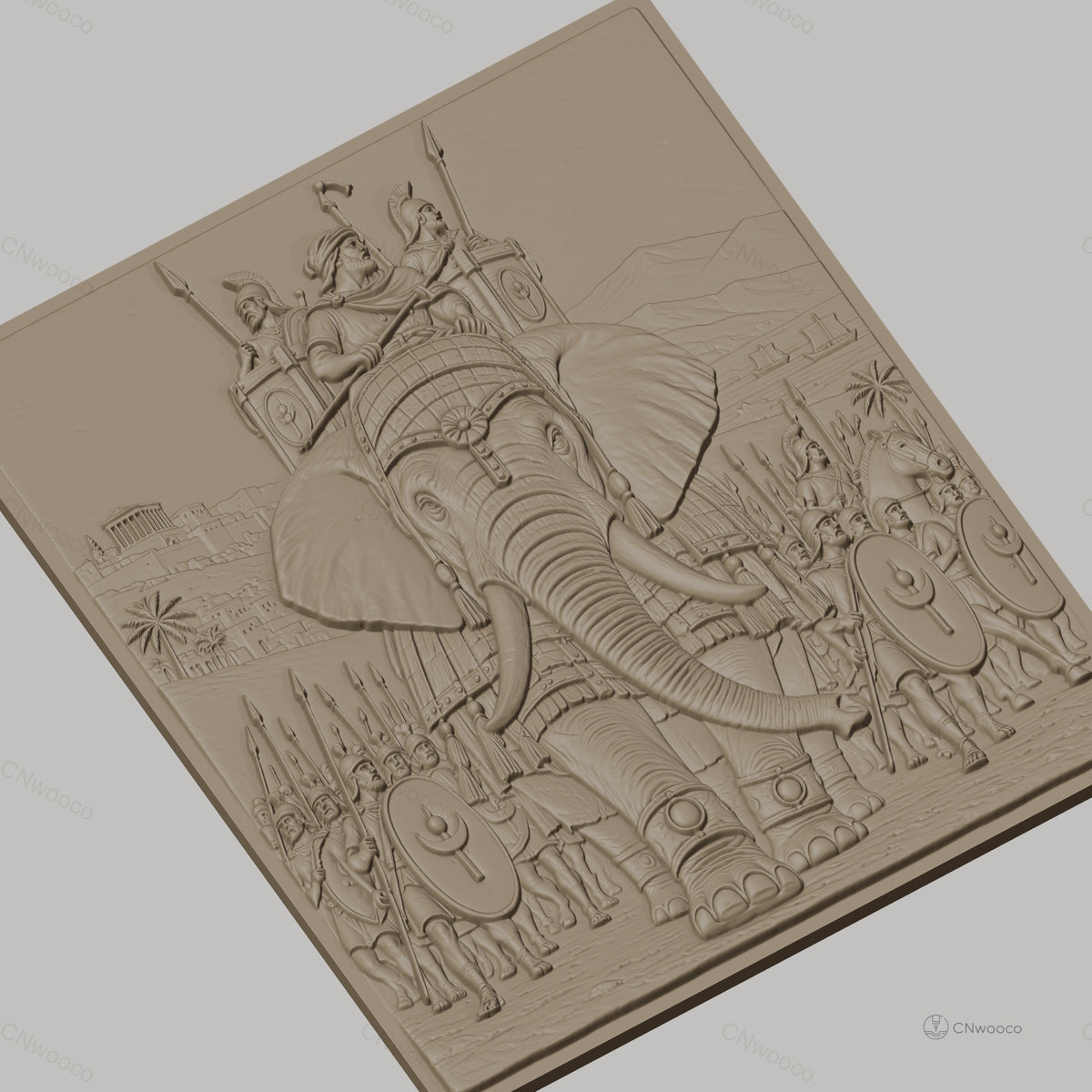 Fichier CNC & impression 3D armée antique avec éléphant de guerre, soldats et chevaux, haute qualité relief STL