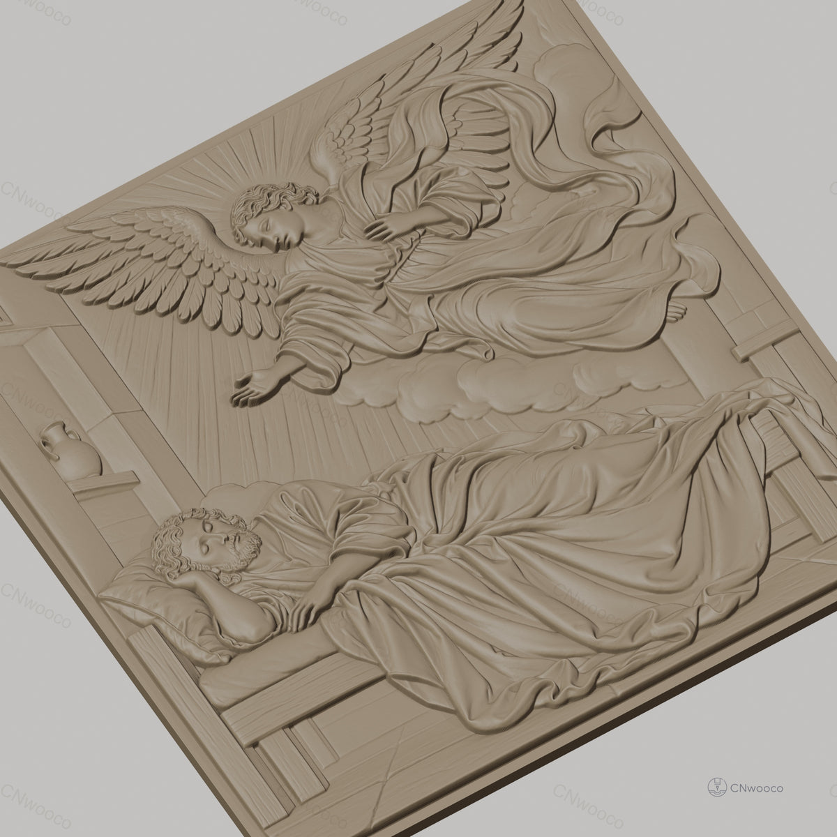 Fichier CNC & impression 3D ange visitant homme dormant, drapés et nuage, haute qualité relief STL