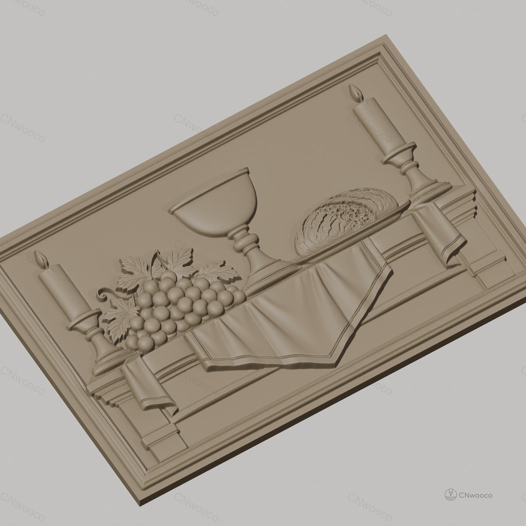 Fichier CNC & impression 3D scène de table avec chandelles, raisins, coupe et pain, haute qualité relief STL