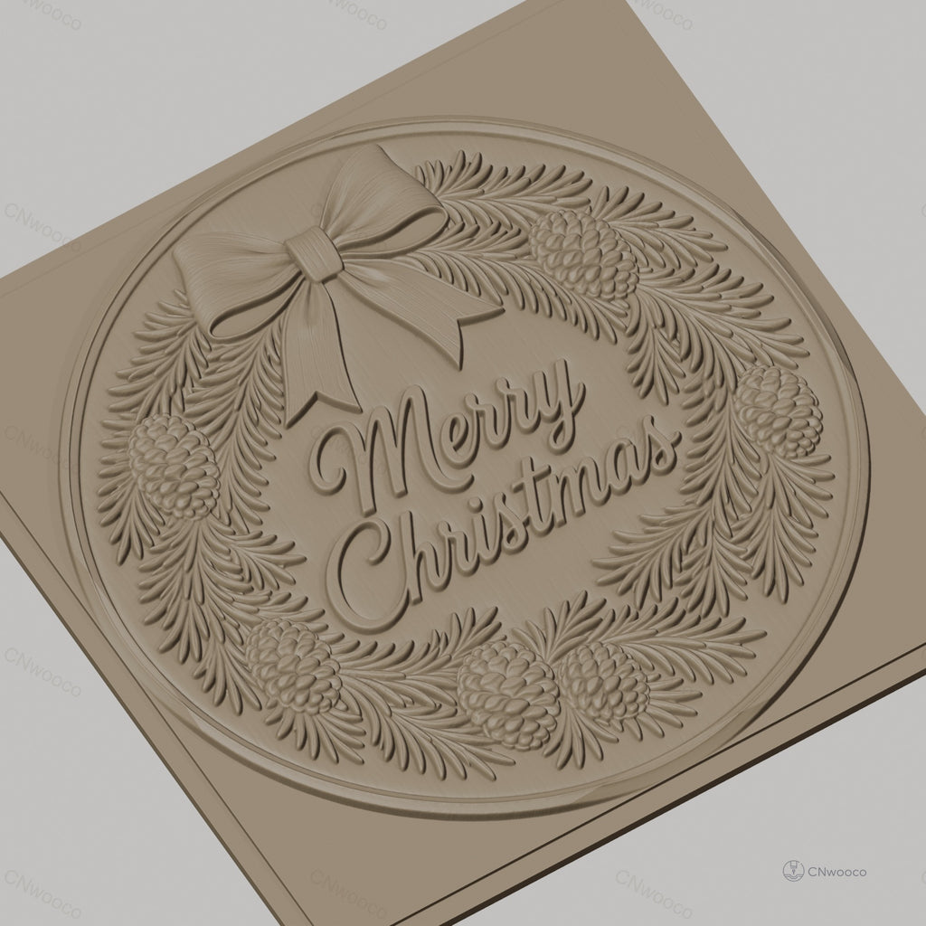 Fichier CNC & impression 3D couronne de Noël, pommes de pin et ruban, haute qualité relief STL