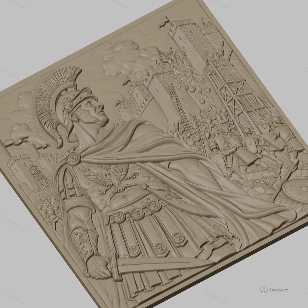 Fichier CNC & impression 3D empereur romain, bataille de siège avec soldats et catapultes, haute qualité relief STL