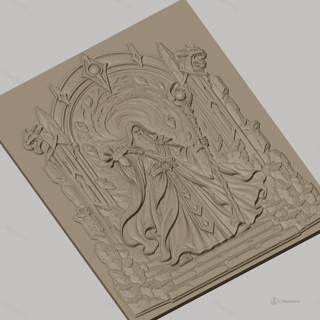 Fichier CNC & impression 3D magicien avec portail magique et bâton, haute qualité relief STL