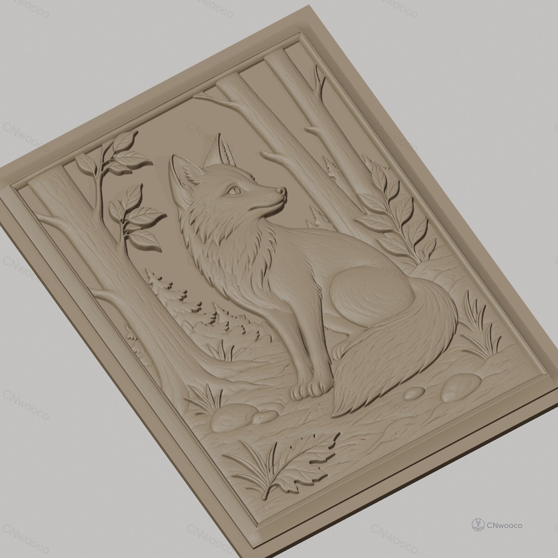 Fichier CNC & impression 3D renard assis, forêt, arbres et feuilles, haute qualité relief STL