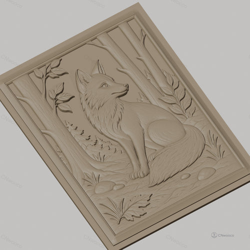Fichier CNC & impression 3D renard assis, forêt, arbres et feuilles, haute qualité relief STL