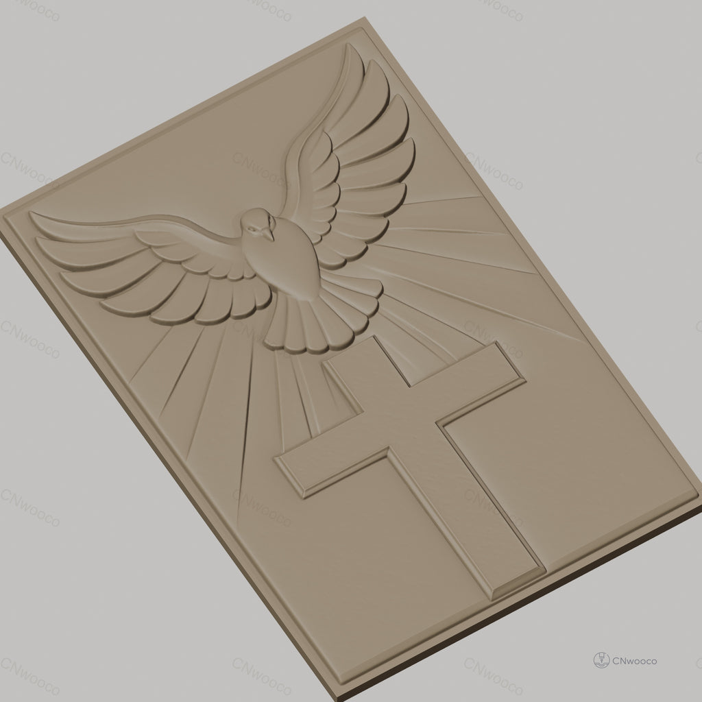 Fichier CNC & impression 3D croix chrétienne avec colombe et rayons de lumière, haute qualité relief STL