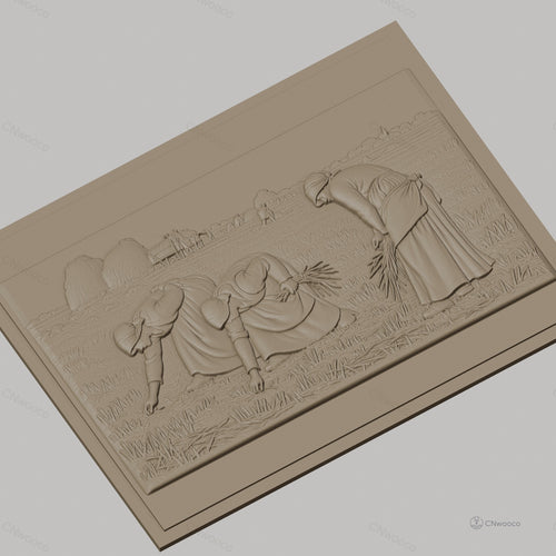 Fichier CNC & impression 3D scène de moisson, femmes travaillant dans un champ, haute qualité relief STL