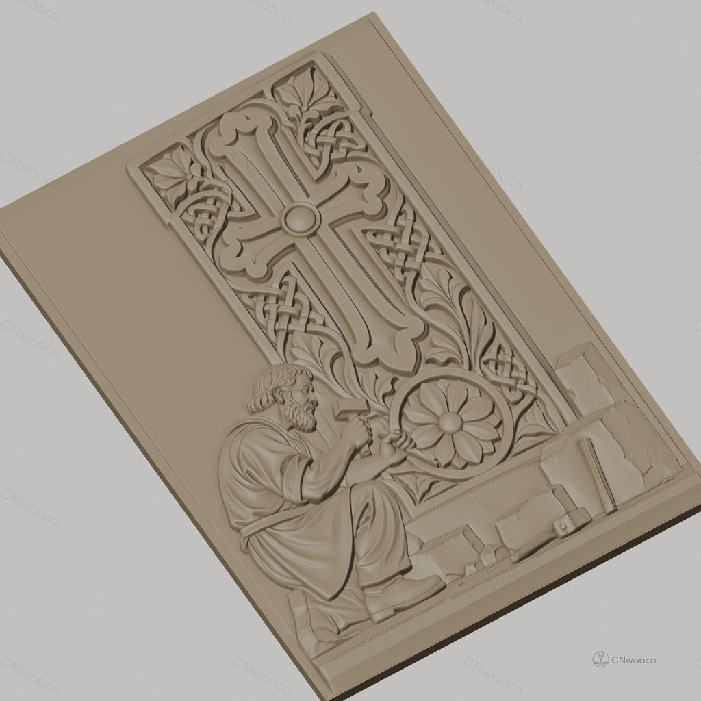 Fichier CNC & impression 3D artisan tailleur de pierre, croix sculptée et motifs floraux, haute qualité relief STL