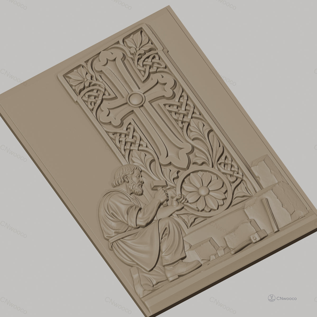 Fichier CNC & impression 3D artisan tailleur de pierre, croix sculptée et motifs floraux, haute qualité relief STL