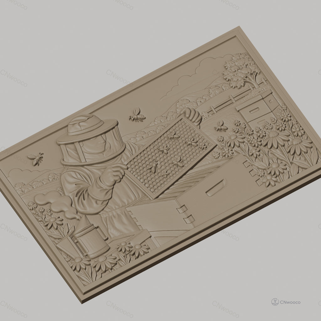 Fichier CNC & impression 3D apiculteur avec ruche, abeilles et fleurs, haute qualité relief STL