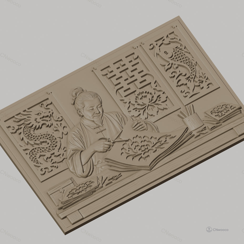 Fichier CNC & impression 3D artisan chinois découpage papier, fleurs, dragon, poisson, haute qualité relief STL