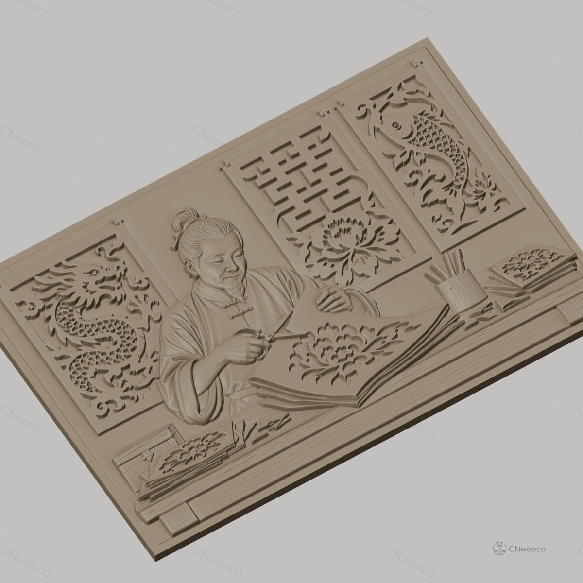 Fichier CNC & impression 3D artisan chinois découpage papier, fleurs, dragon, poisson, haute qualité relief STL