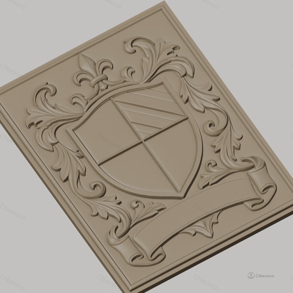 Fichier CNC & impression 3D blason héraldique, feuilles ornementales et bannière, haute qualité relief STL