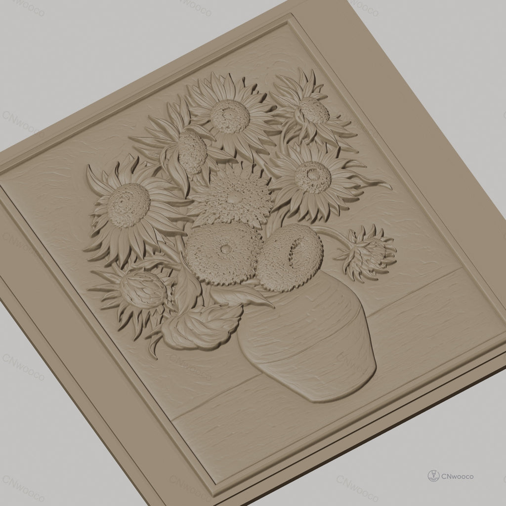 Fichier CNC & impression 3D bouquet de tournesols en vase, fleurs haut relief décoratif, haute qualité relief STL