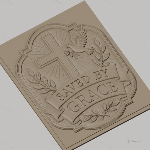 Fichier CNC & impression 3D Croix chrétienne, colombe de la paix, bannière Saved by Grace, feuillage, haute qualité relief STL