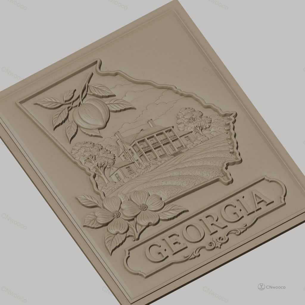 Fichier CNC & impression 3D carte de l'État de Géorgie, maison historique, pêche, fleur de cornouiller, haute qualité relief STL