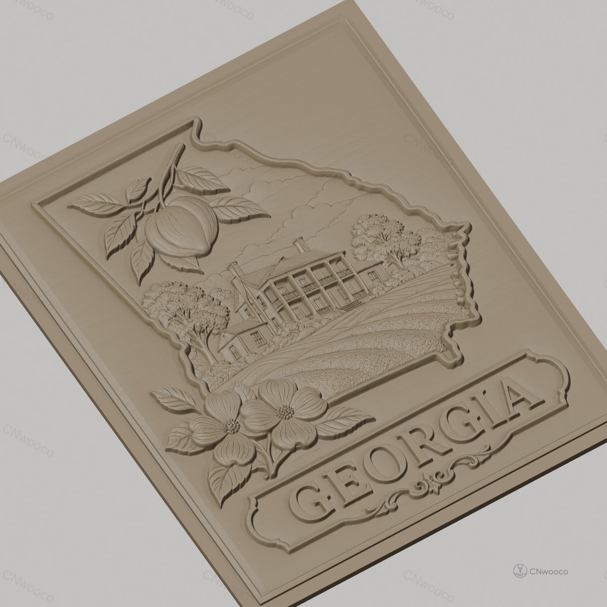 Fichier CNC & impression 3D carte de l'État de Géorgie, maison historique, pêche, fleur de cornouiller, haute qualité relief STL